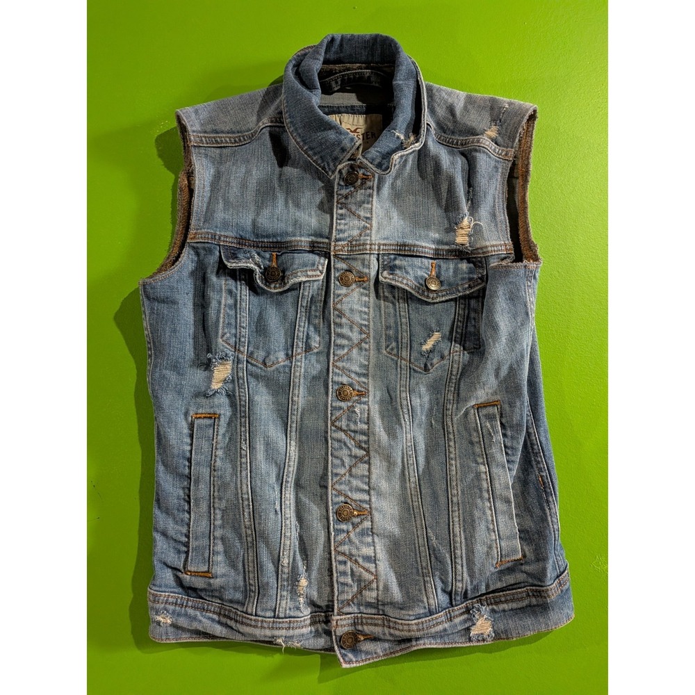 Hollister Denim Vest Sz XS Distressed Button Pocket Collard Trucker Punk Grunge